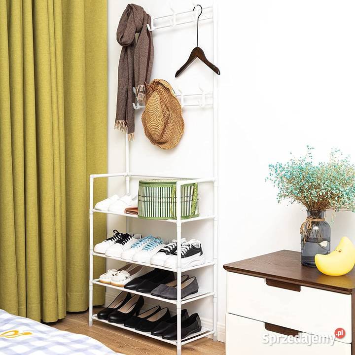 Stojący wieszak na ubrania z półkami biały 26cm Poznań