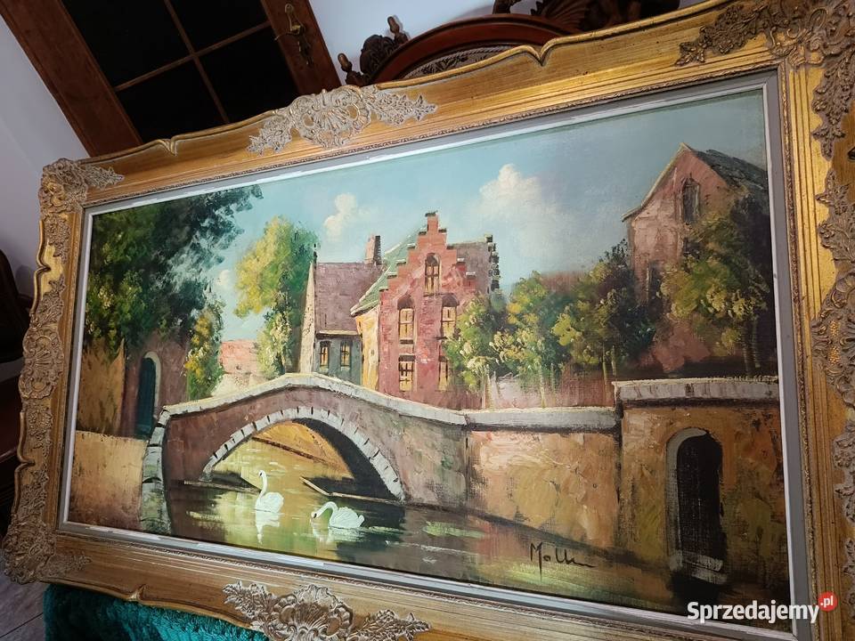 Stary duży obraz na płótnie z pięknej pałacowej sprzedam
