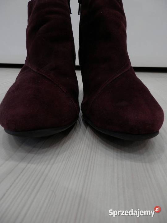 Buty Botki Skórzane Burgundowe na Obcasie Łomża