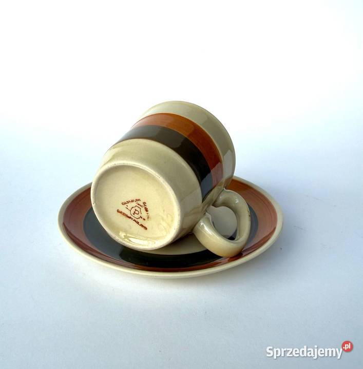 Filiżanka ze spodkiem Pruszków vintage pasy brąz Kraków