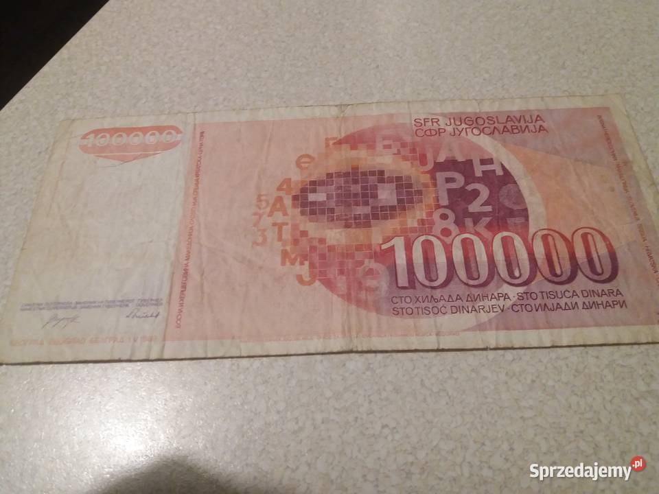 Banknot 100000 dinar Jugosławia Będzin sprzedam