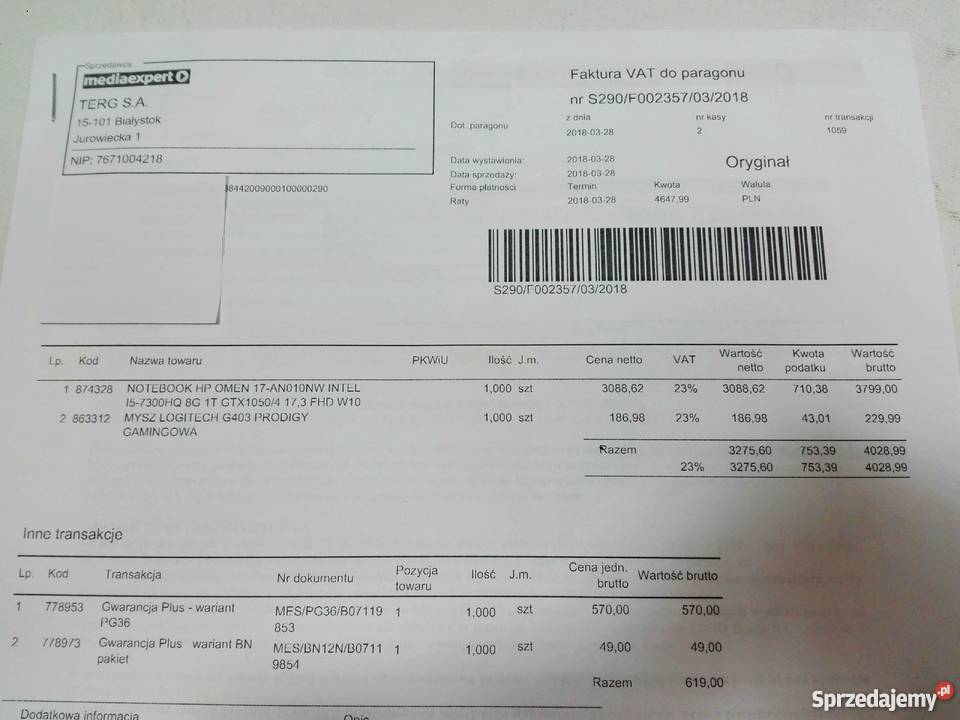 Laptop HP OMEN 17AN010NW GWARANCJA podlaskie Białystok