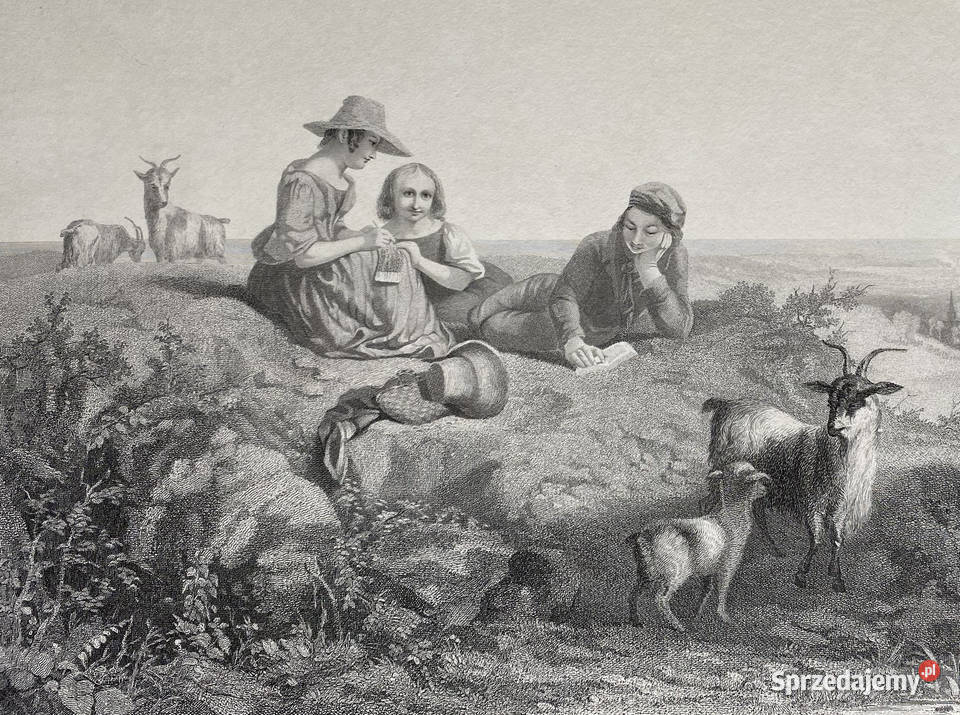 Scena pasterska Duża litografia XIXwieczna mazowieckie Warszawa