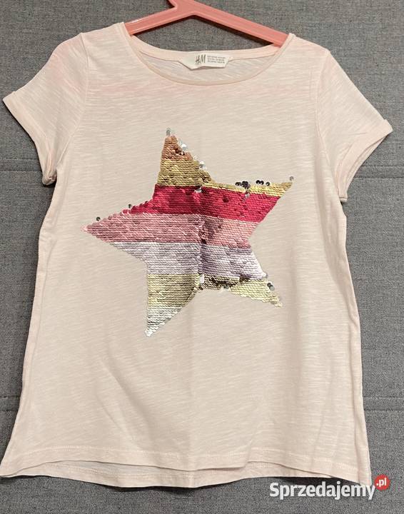 Dziewczęcy różowy Tshirt z cekinami firmy HM Rozmiar 134 Żyrardów