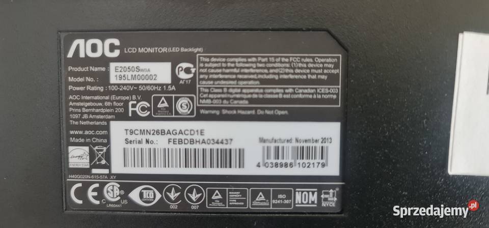 Monitor LCD AOC e2050s 20 169 Komputery i Akcesoria Łysomice