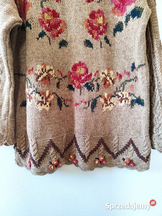 Piękny sweter beżowy Vintage Kwiaty Debenhams zielony Jasło