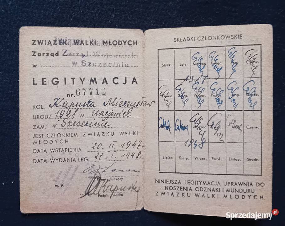 Związek Walki Młodych legitymacja Szczecin 1948 Koźminek