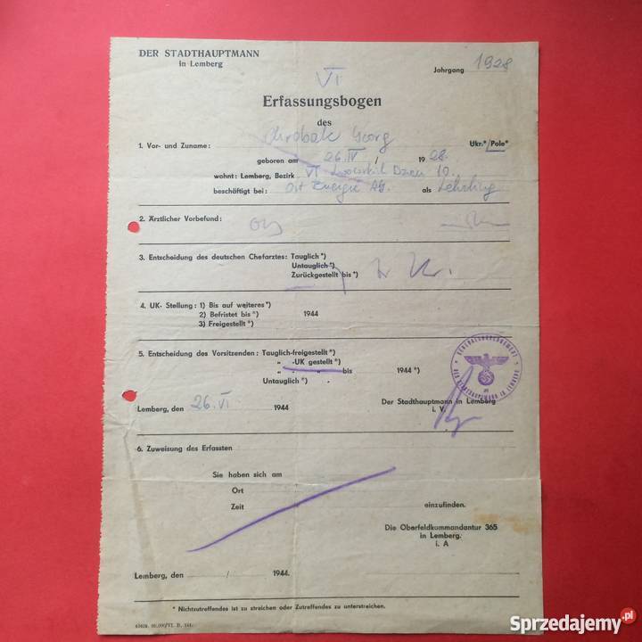 779 Lwów Arkusz Rejestracyjny Chrobak Szczecin