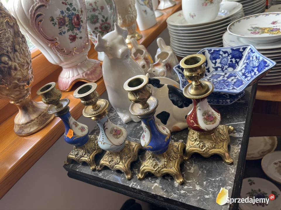 Świecznik porcelana mosiądz róże Scenki dworskie Porcelana i szkło pomorskie Gdańsk