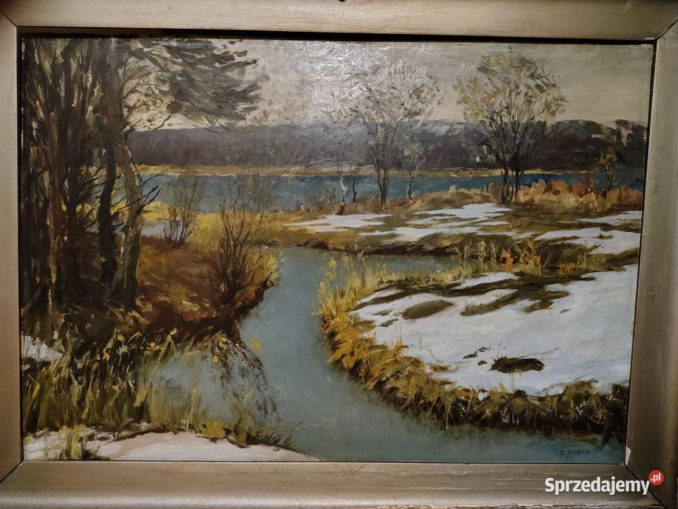 Stary obraz olejny Zima Kartuzy