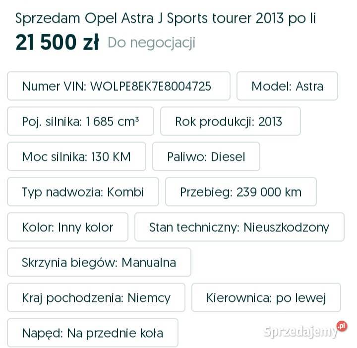Sprzedam Opla Astrę Sports Touer 2013 r lifcie