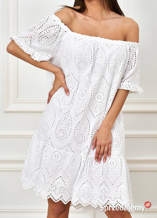 Sukienka BOHO ażur oversize hiszpanka beż XS L Inny wzór Gdańsk