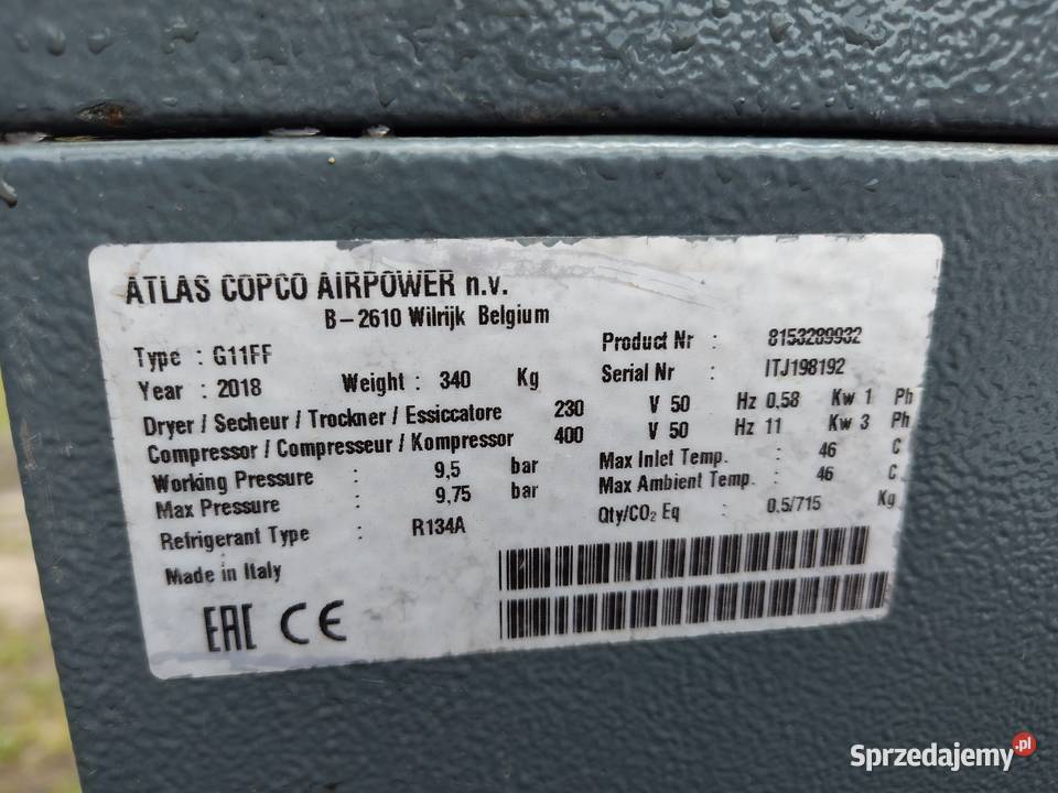 Sprężarka Kompresor śrubowa ATLAS COPCO G11FF z łódzkie Łódź