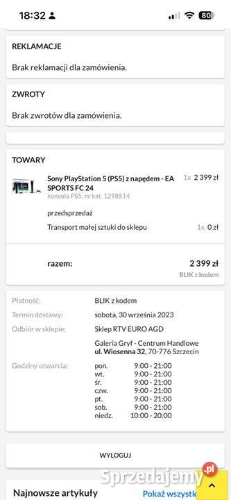 PlayStation 5 Slim 2 pady FC 26 faktura zakupowa