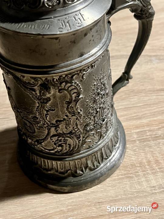 Kufel z roku 1899 niemiecki świąteczny z cyny Wrocław