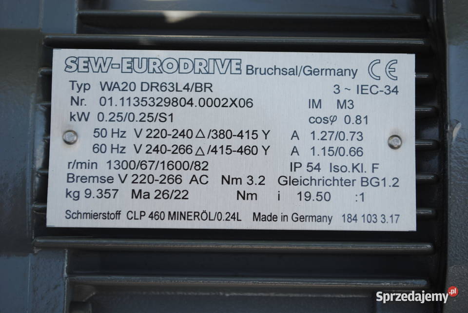 Motoreduktor kątowy 025kw 67obr z hamulcem firmy