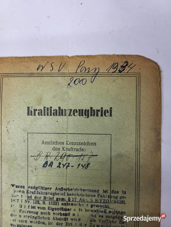 DOWÓD REJSTRACYJNY BRIF NSU PONY 1934 Pozostałe Rybnik sprzedam