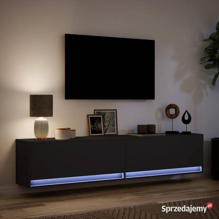 Ścienna szafka pod TV z LED czarna 180x31x38 RTV Warszawa