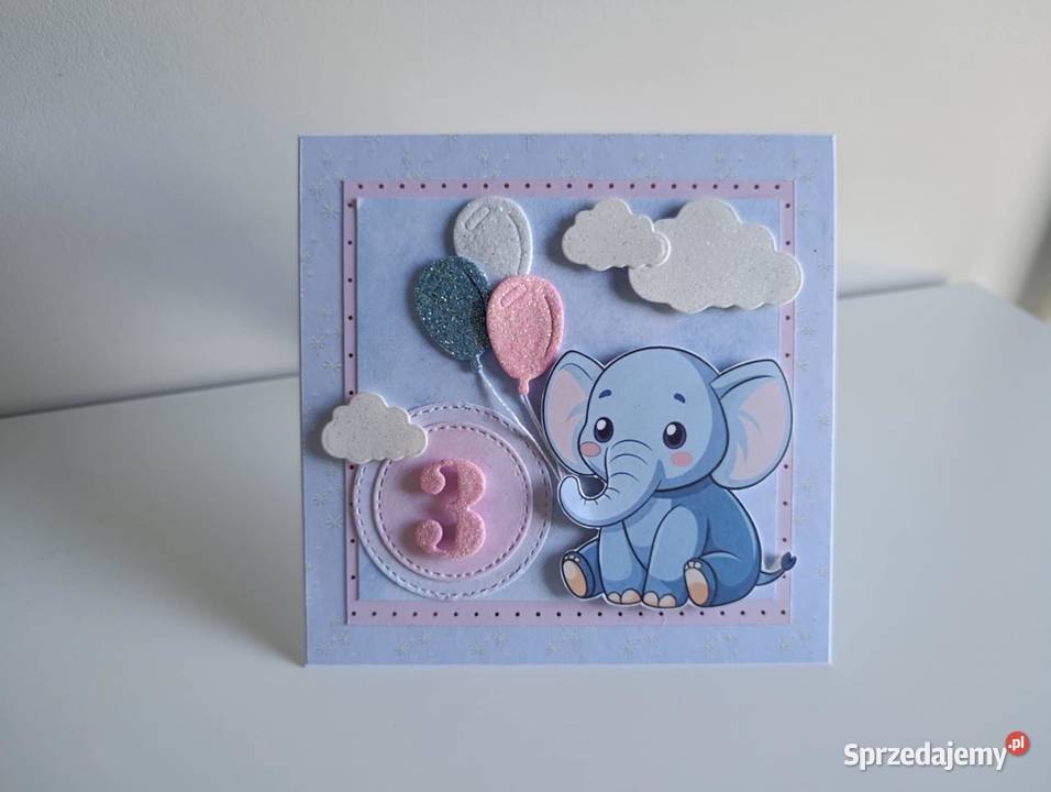 Kartka na urodziny słonik z balonami handmade Łódź