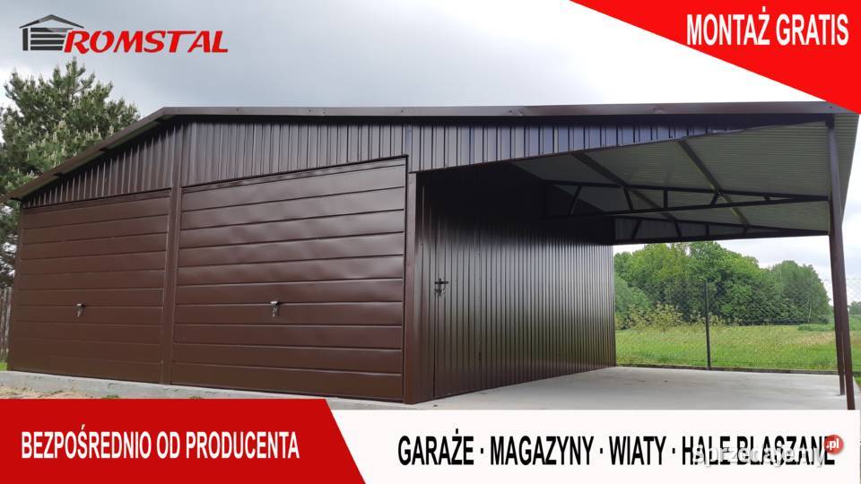 BRĄZOWY Garaż Blaszany 9x6 z ZADASZENIEM BOCZNYM Kamieniec Ząbkowicki