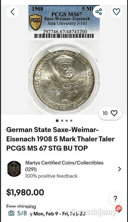 5 Marek 1908 r Saksonia PCGS MS 65 WYSOKA NOTA