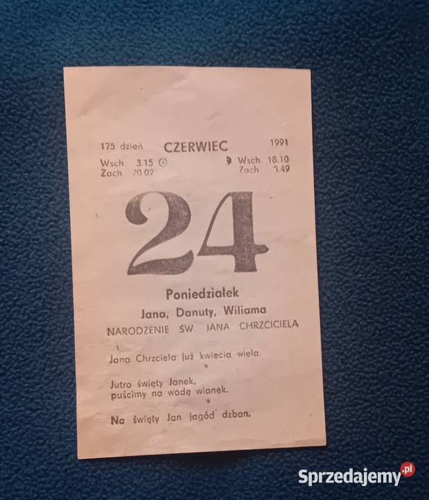 Kartka z kalendarza ściennego zdzieraka 24 wielkopolskie Koźminek sprzedam