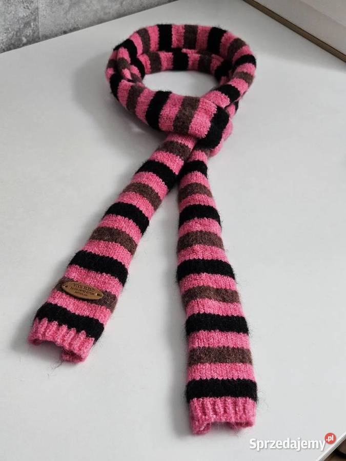 Szalik Handmade z wełną w paski Róż Brąz i Czerń Tychy