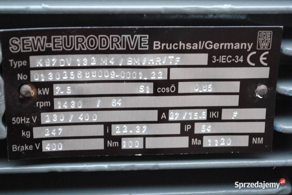 Motoreduktor kątowy 75kw 64obr z hamulcem SEW Kargowa