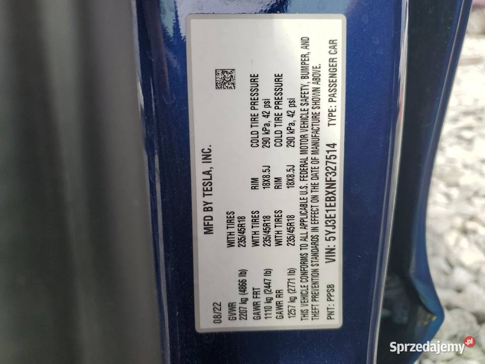 2022 TESLA MODEL 3 Częstochowa