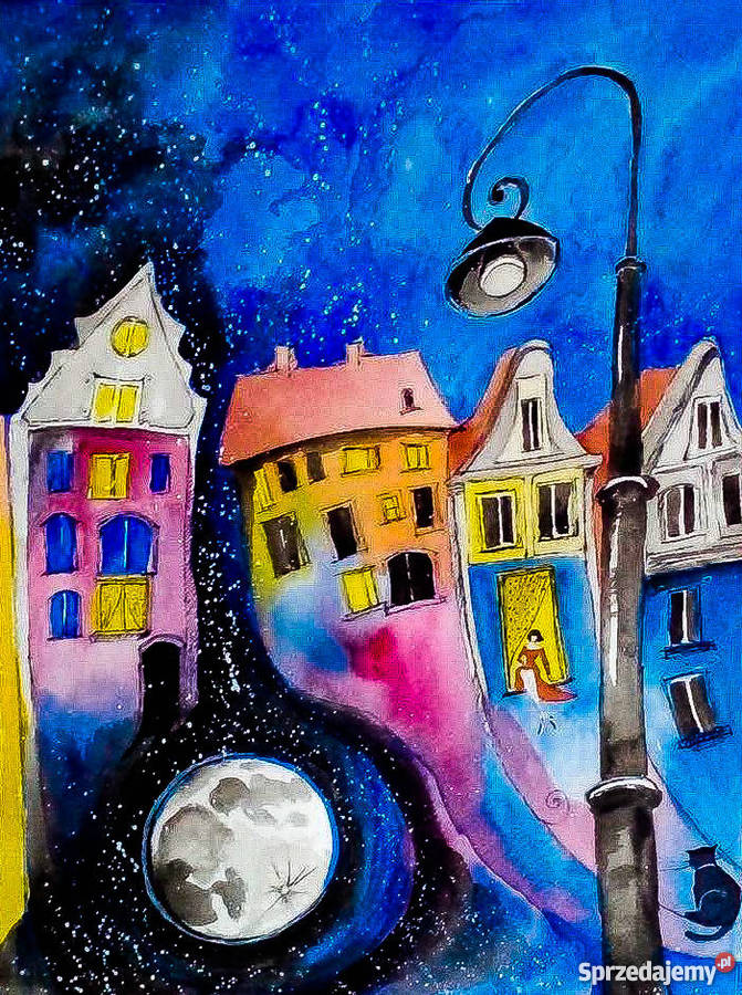 KIEDY KSIĘŻYC PRZYCHODZI W GOŚCI akwarela Katowice