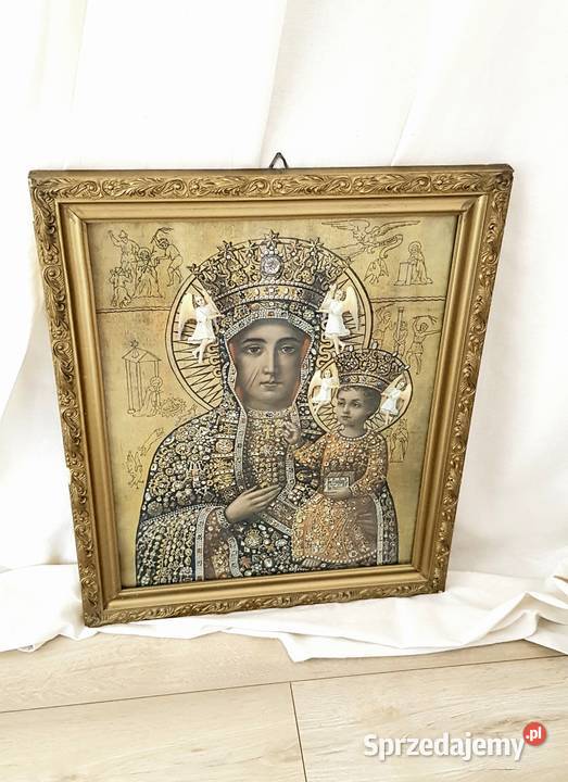 Stary duży obraz MB Częstochowskiej szkłem