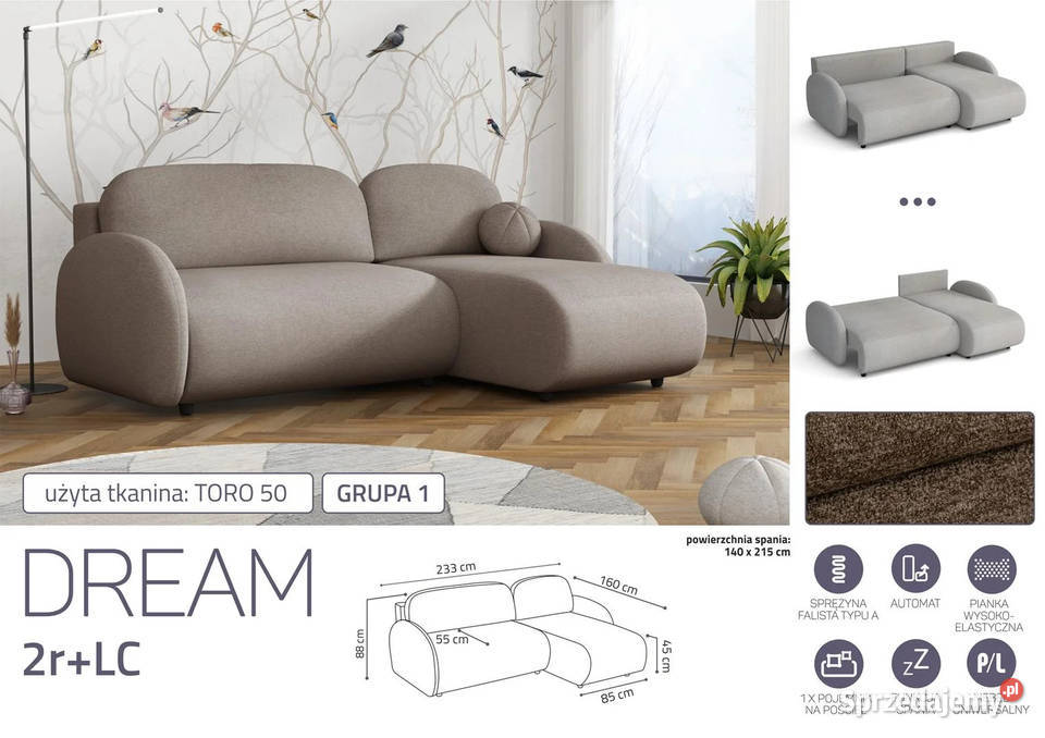 Narożnik Dream 233x160 funkcja spaniapojemnik na Dom i Ogród Wieruszów