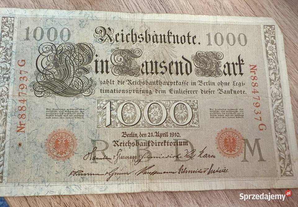 Niemcy 1000 Marek 1910 oryginalny banknot Gliwice