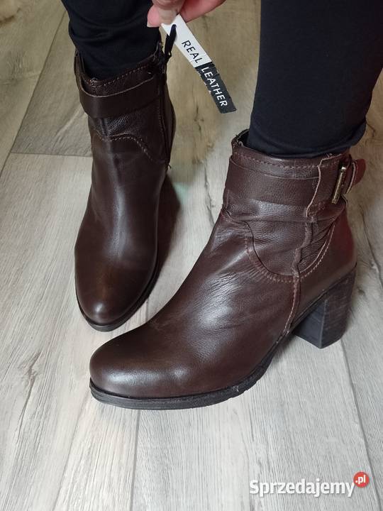 39 Real Leather Skórzane brązowe Botki biznesowe brązowy/beżowy Kraków sprzedam