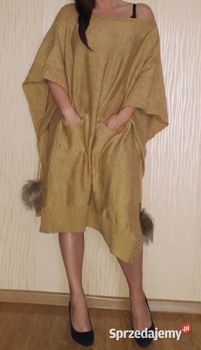 Sweter poncho narzuta z kieszeniami oversize Inny materiał Łódź