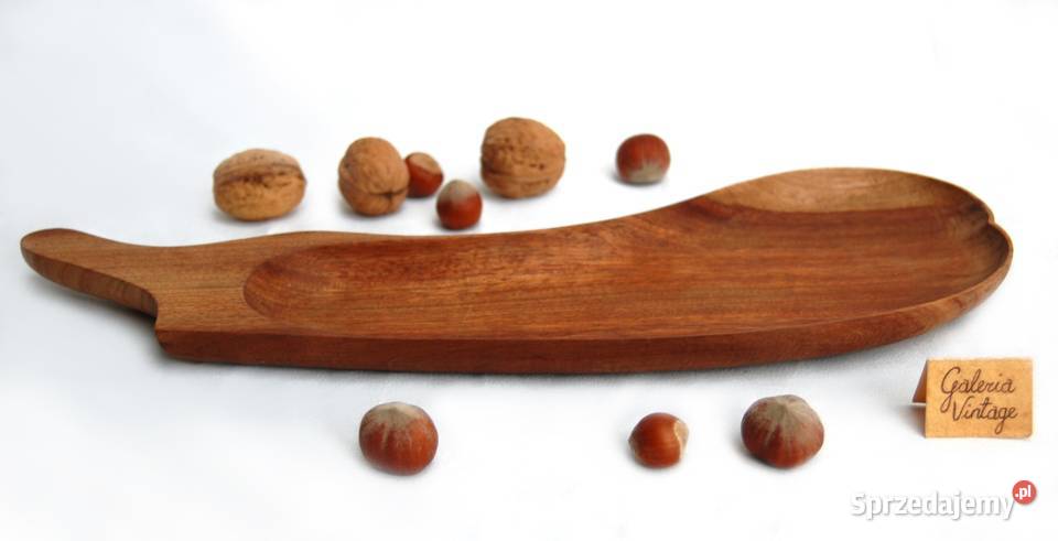 Rzeźbiona patera bakłażan drewno teak lata 70 Dom i Ogród Lublin