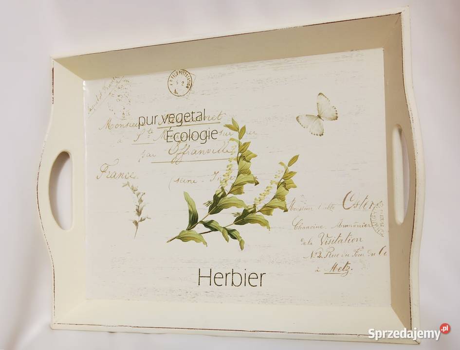 Drewniana taca kremowobiała decoupage shabby Wyposażenie wnętrz Lublin