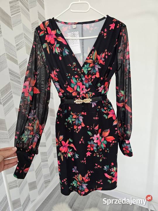 Sukienka kwiatowy print Rękaey z siatki Rybnik