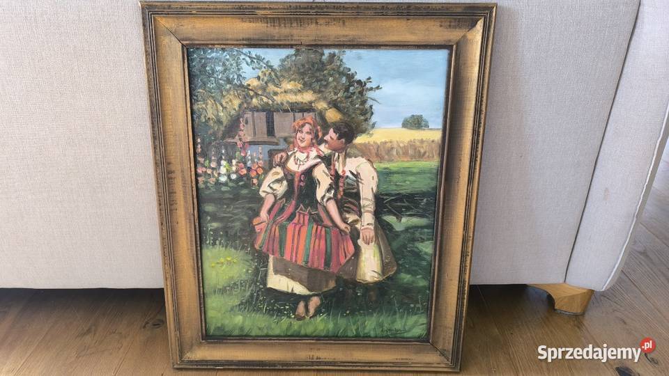 Piękny obraz olejny sygnowany scena rodzajowa łódzkie Łódź