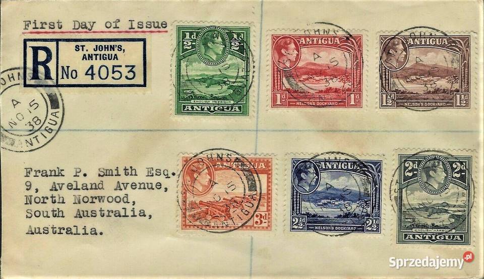 ANTIGUA 1938 FDC Jerzy VI rzadka koperta WYSYŁKA pomorskie Człuchów