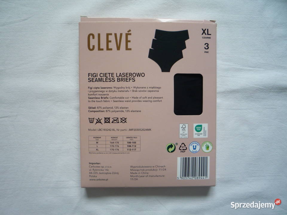 3 sztuki Cleve 42XL Majtki bezszwowe Czarne Figi i stringi zachodniopomorskie