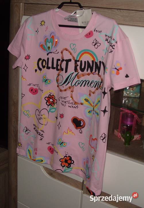 Tshirt NOWY Róż Motyle Serca cekiny cyrkonie r różowy Rawicz
