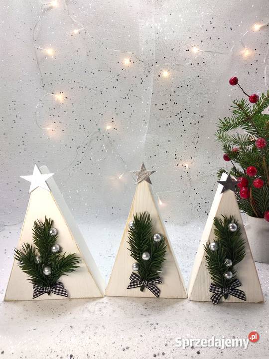 Miniaturowe drewniane choinki świąteczna magia w biały Boże Narodzenie Wrocław sprzedam