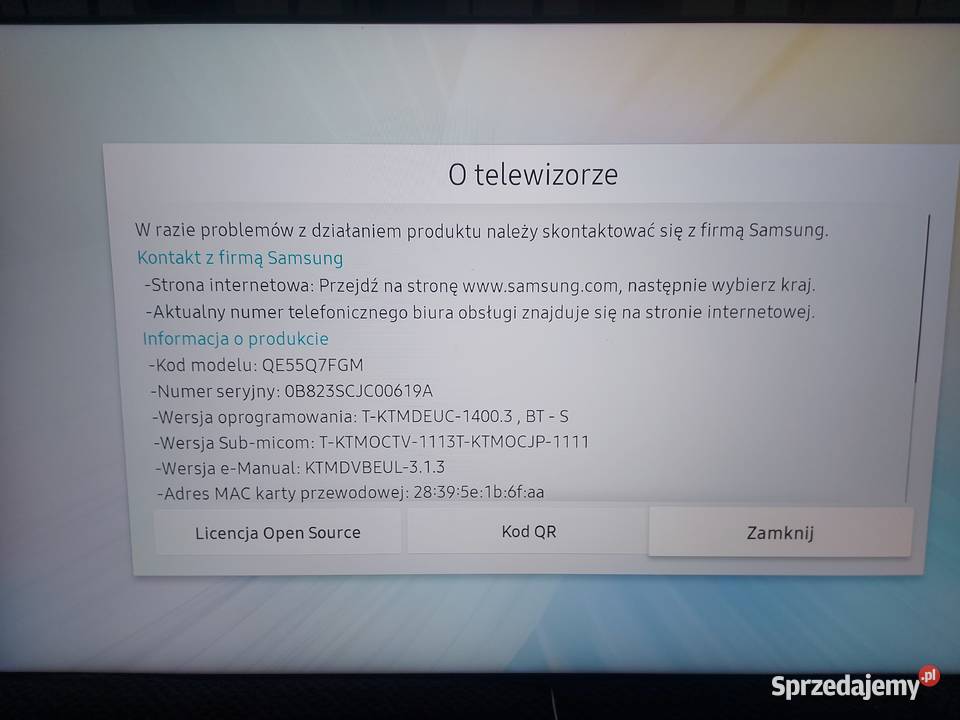 TV SAMSUNG QLED QE55Q7FGM4K UHD DVBT2hevc WiFi Połczyn-Zdrój sprzedam
