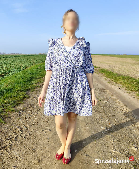Kwiatowa sukienka HM M 38 bufki retro niebieskie Szczecin