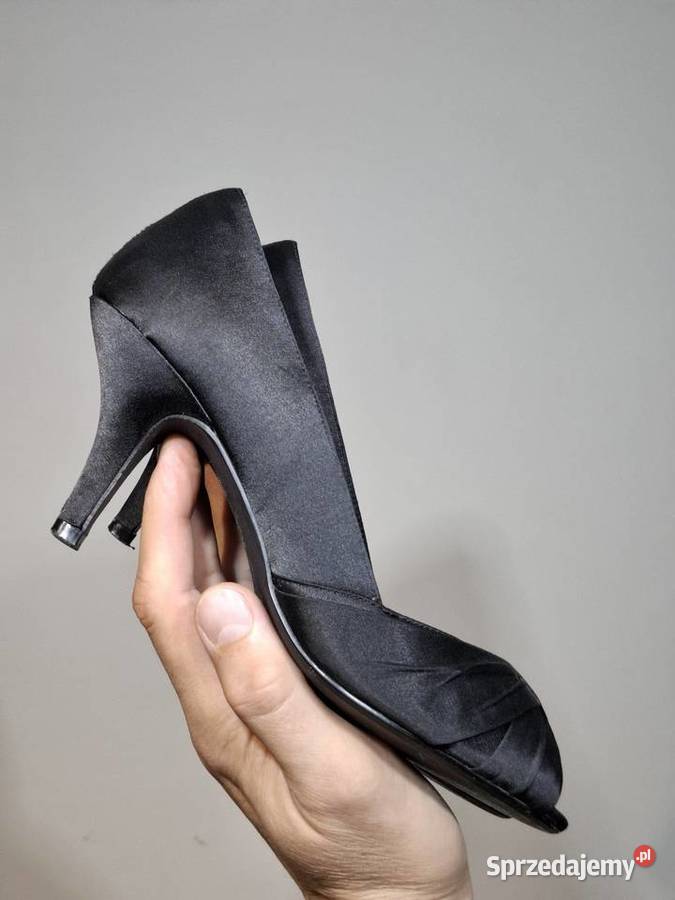 Eleganckie czarne szpilki 37 satynowe peep toe Kraków sprzedam