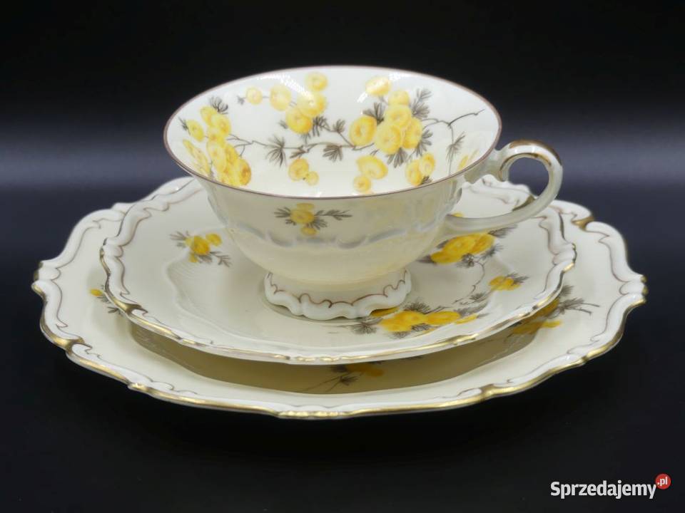 Komplet śniadaniowy Sorau Żary żółte Mimozy Antyki, Sztuka, Kolekcje