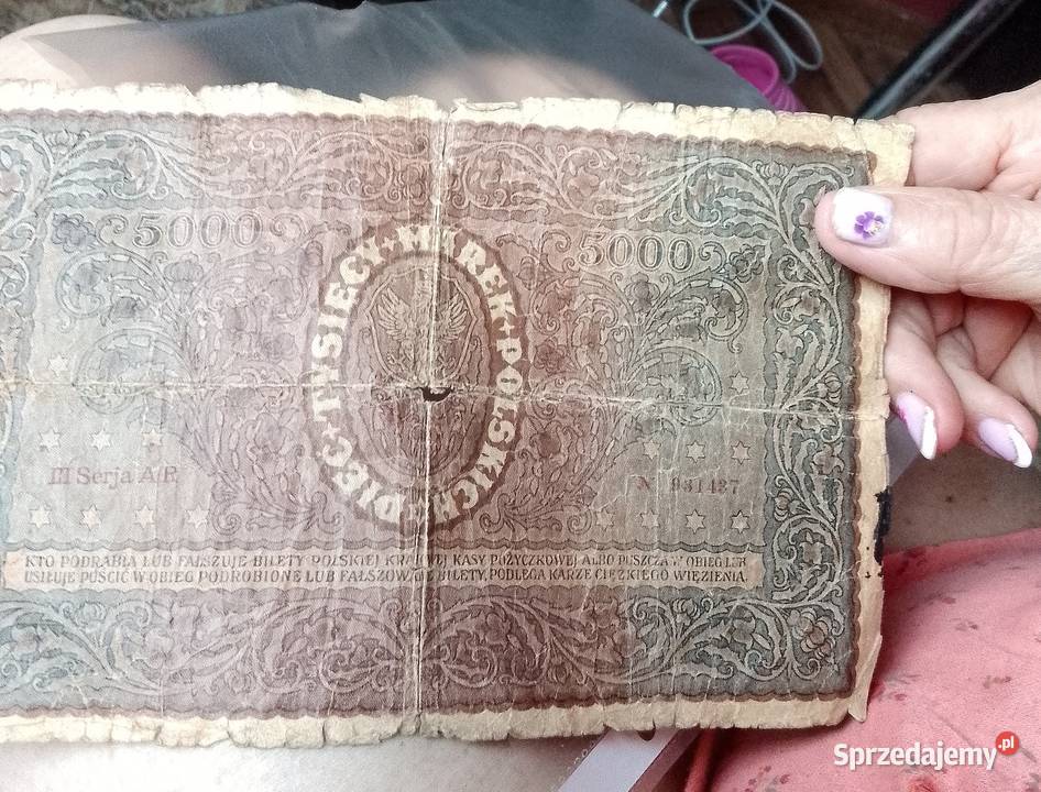Sprzedam papierowe 5000 marek Polskich z 1920 Pozostałe Wrocław sprzedam