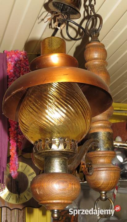 Lampa miedziano drewniana klosze kule
