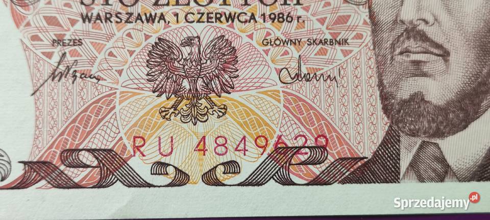 Banknot z PRLu 100 1986 stan UNC 3 Pruszków